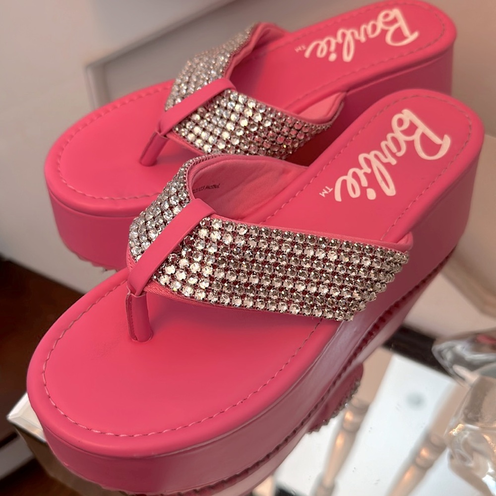 BARBIECORE PLATFORM BLING RHINESTONE THONG SANDALS